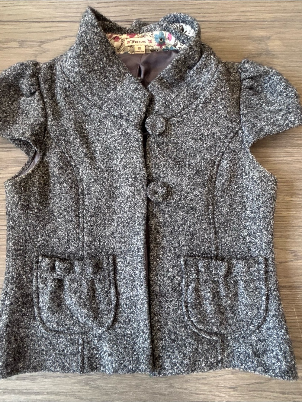 FOREVER 21 Gray Tweed Short-Sleeve Button Jacket